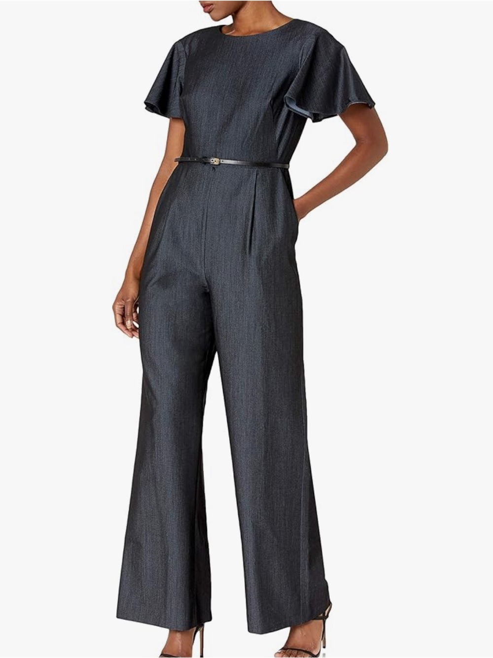 NWT Calvin Klein Womens Short Flutter Sleeved Belted Jumpsuit Dark Wash Size 14